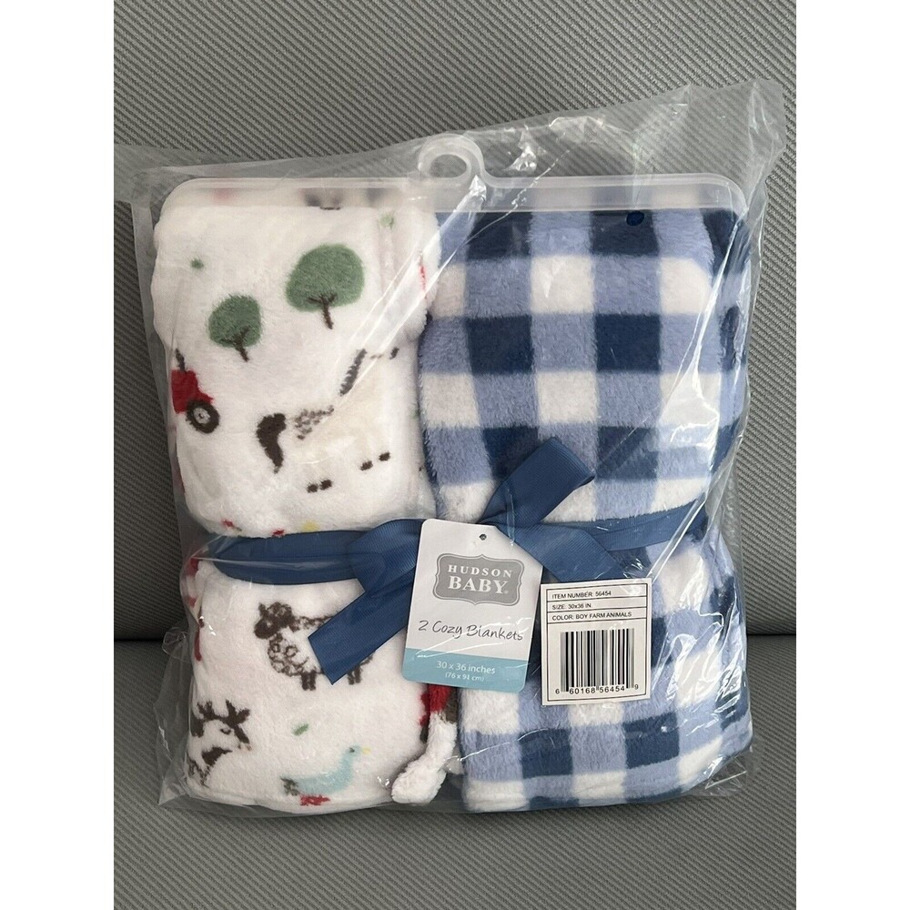 HUDSON BABY FARM ANIMALS RED TRACTOR BLUE GINGHAM Baby BLANKET SET Boys Fleece